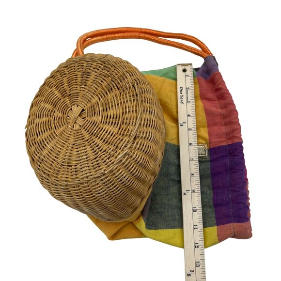 Liz Claiborne Colorful Plaid Drawstring Bag With Wicker Base & Orange Rope Strap - Picture 8 of 9